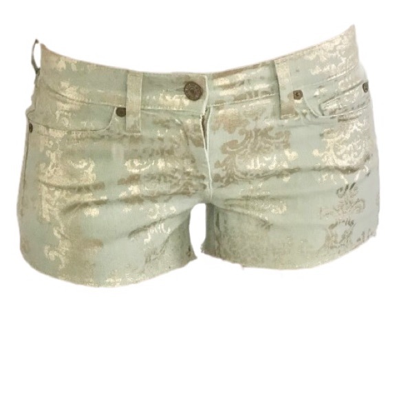 ⭐️7 for All Mankind⭐️Pastel Green Gold Metallic Print Denim Jeans Shorts Sz 24 - Picture 1 of 16